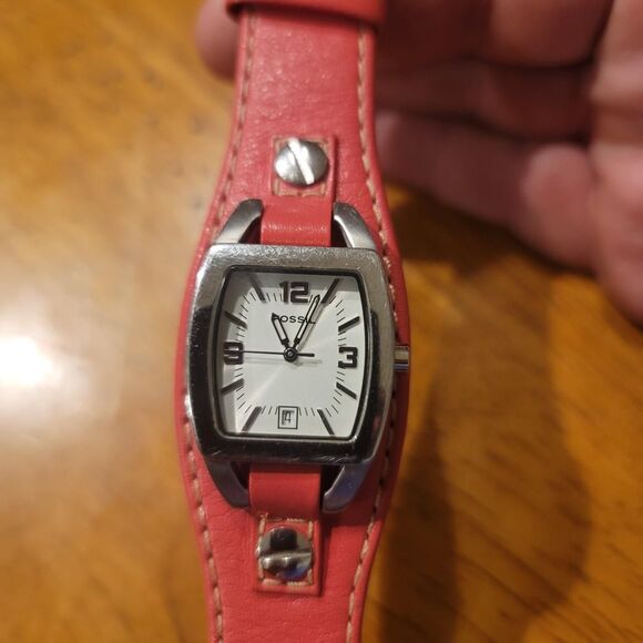 Fossil Women's 25mm Silver Tone Date Window Pink Leather Cuff Watch